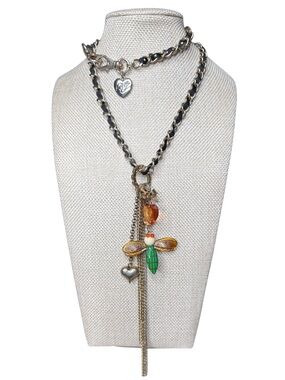 Betsey Johnson Silver-Tone Layered Necklace with Green & Orange Dragonfly Charm